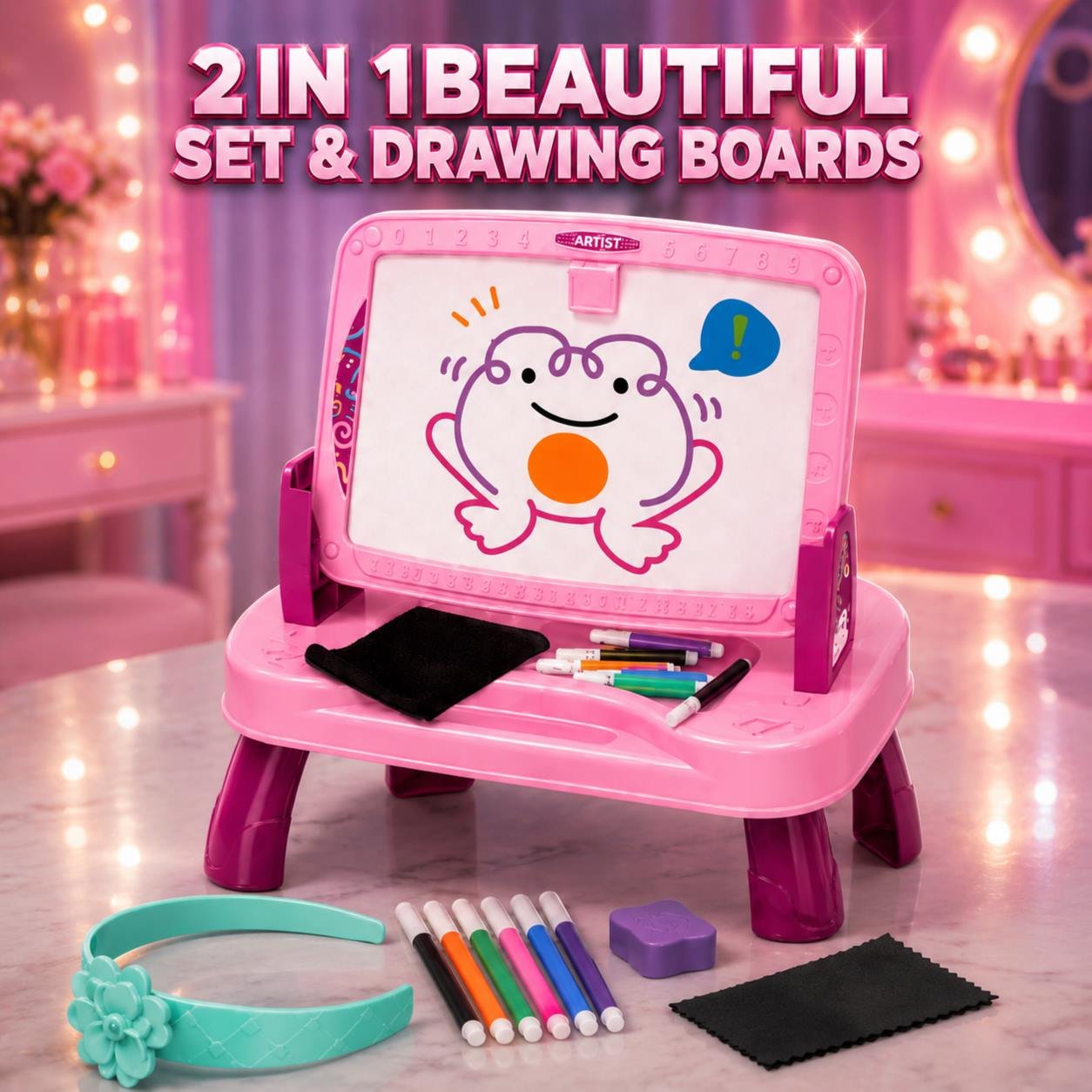 2 in 1 Beautiful Set & Drawing Board for Kids – Makeup Vanity Play Set with Drawing Table, Mirror & Art Accessories for Boys & Girls Age 3+ - Image 2