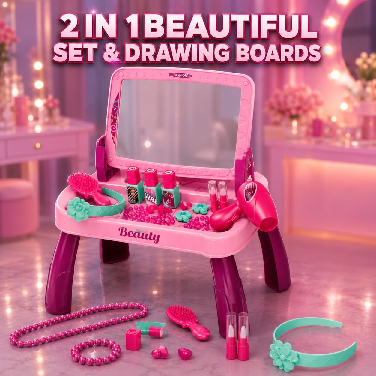 2 in 1 Beautiful Set & Drawing Board for Kids – Makeup Vanity Play Set with Drawing Table, Mirror & Art Accessories for Boys & Girls Age 3+
