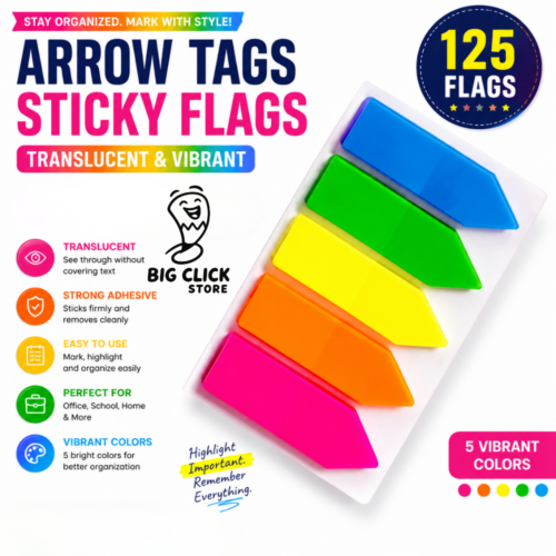 Arrow Sticky Flags 125 Tags - Multicolor Translucent Page Marker Tabs - Book & Study Page Markers