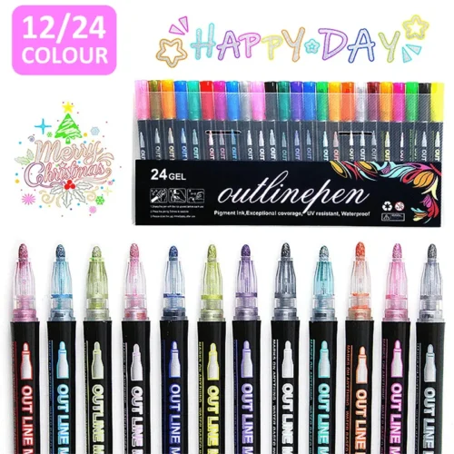 Double Line Outline Painter Glitter Markers 12/24 Colors - Cards & Decorative Crafts