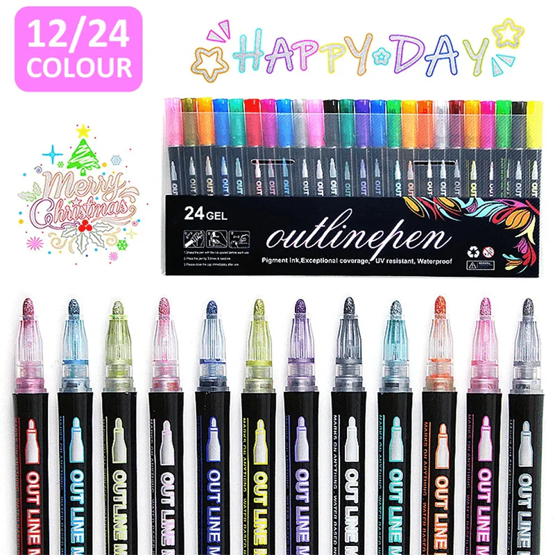 Double Line Outline Painter Glitter Markers 12/24 Colors - Cards & Decorative Crafts