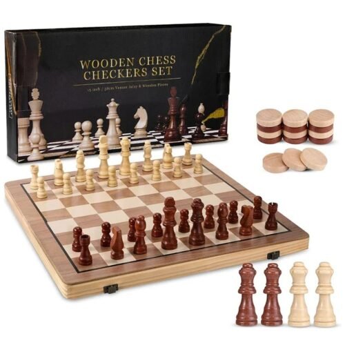 Magnetic Wooden Chess and Checkers Set – 15-Inch, 2-in-1
