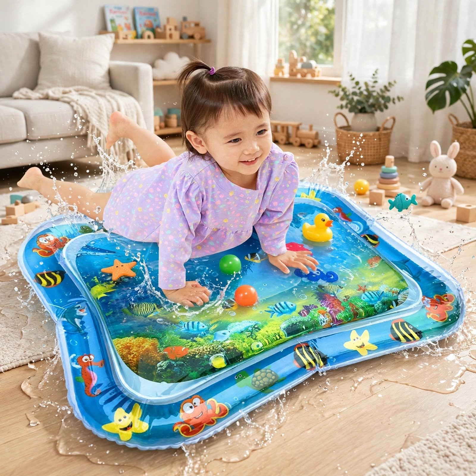 Inflatable Baby Tummy Time Water Mat with 6 Floating Toys