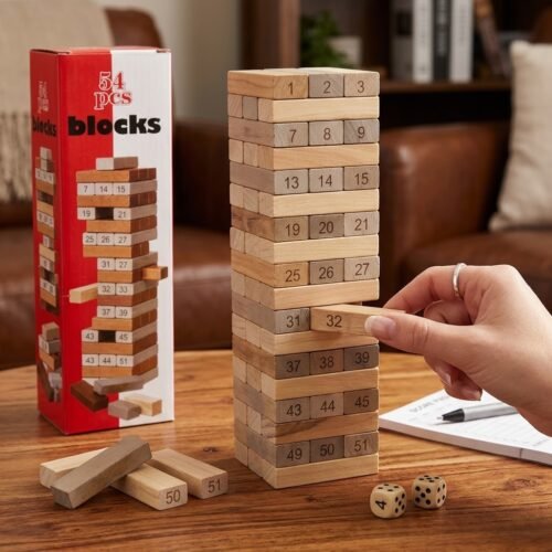 Numbered Wooden Stacking Tower – 54 Blocks and 4 Dice