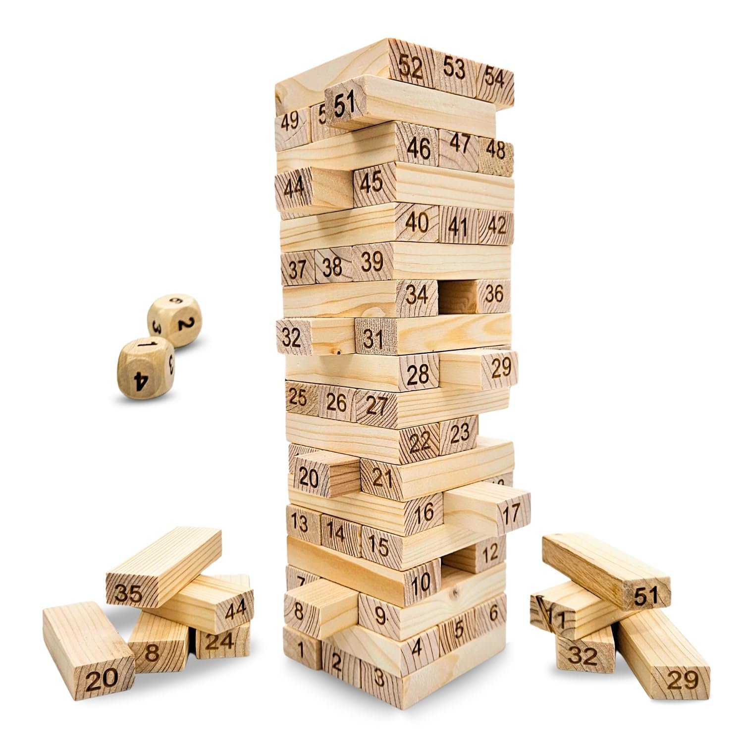 Numbered Wooden Stacking Tower – 54 Blocks and 4 Dice - Image 2