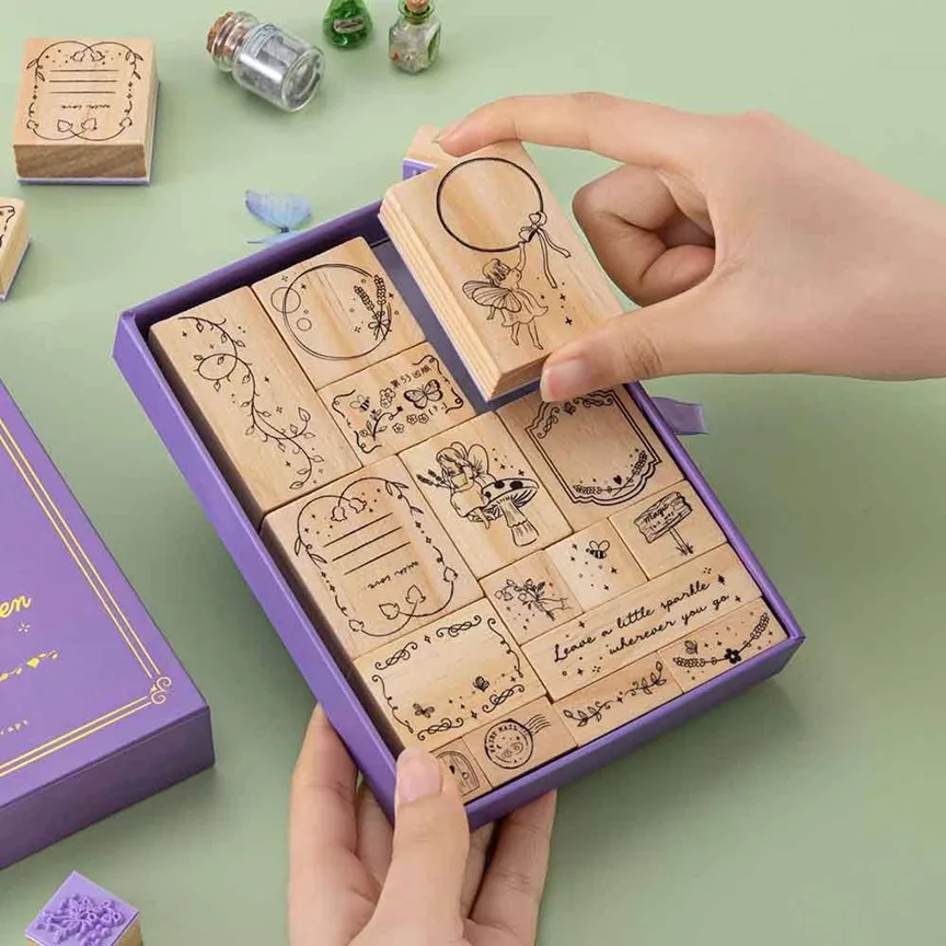 16 Pcs ‘Enchanted Garden’ Bullet Journal Stamp Set with High-quality Drawer Box - Cards & Journal Decoration