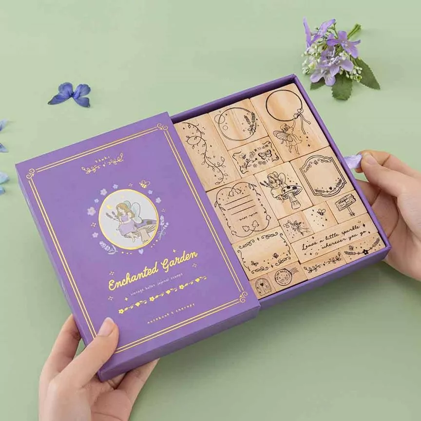 16 Pcs ‘Enchanted Garden’ Bullet Journal Stamp Set with High-quality Drawer Box - Cards & Journal Decoration - Image 2