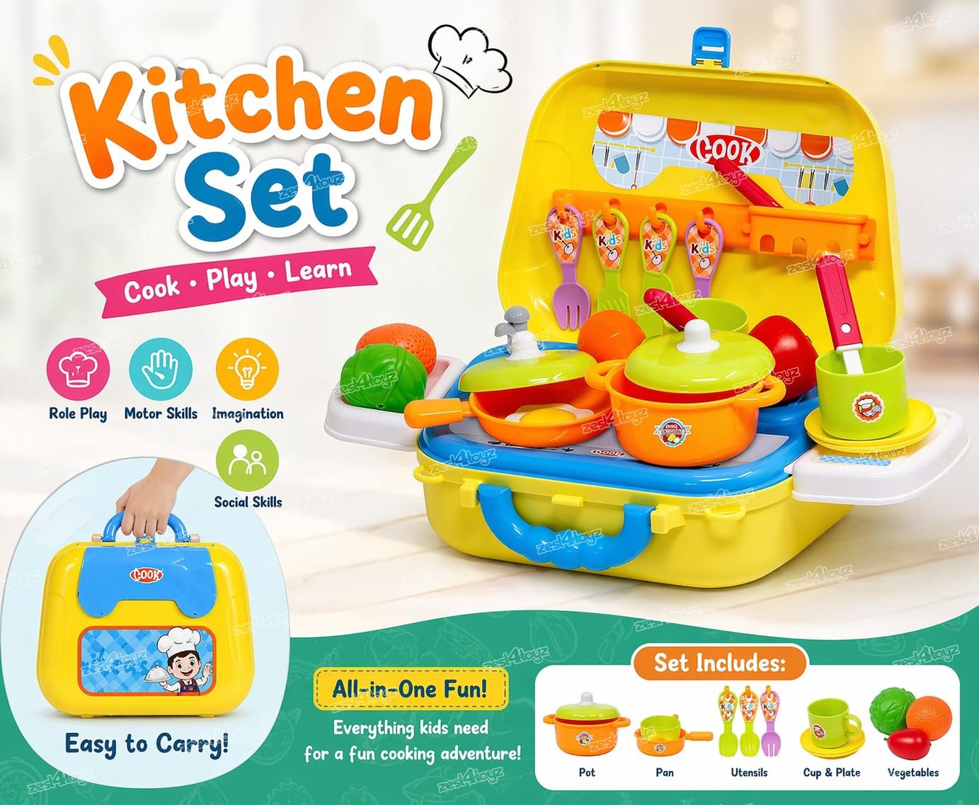 Suitcase Toy Kitchen Play Set – 22 Pieces - Image 3