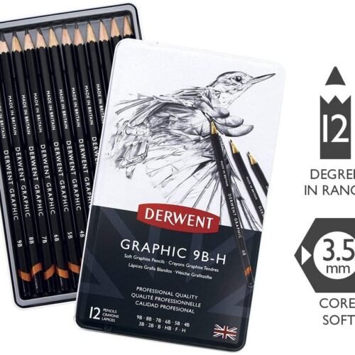 Derwent Graphic Soft Sketching Pencils 12 Tin Pack - Drawing & Shading Practice